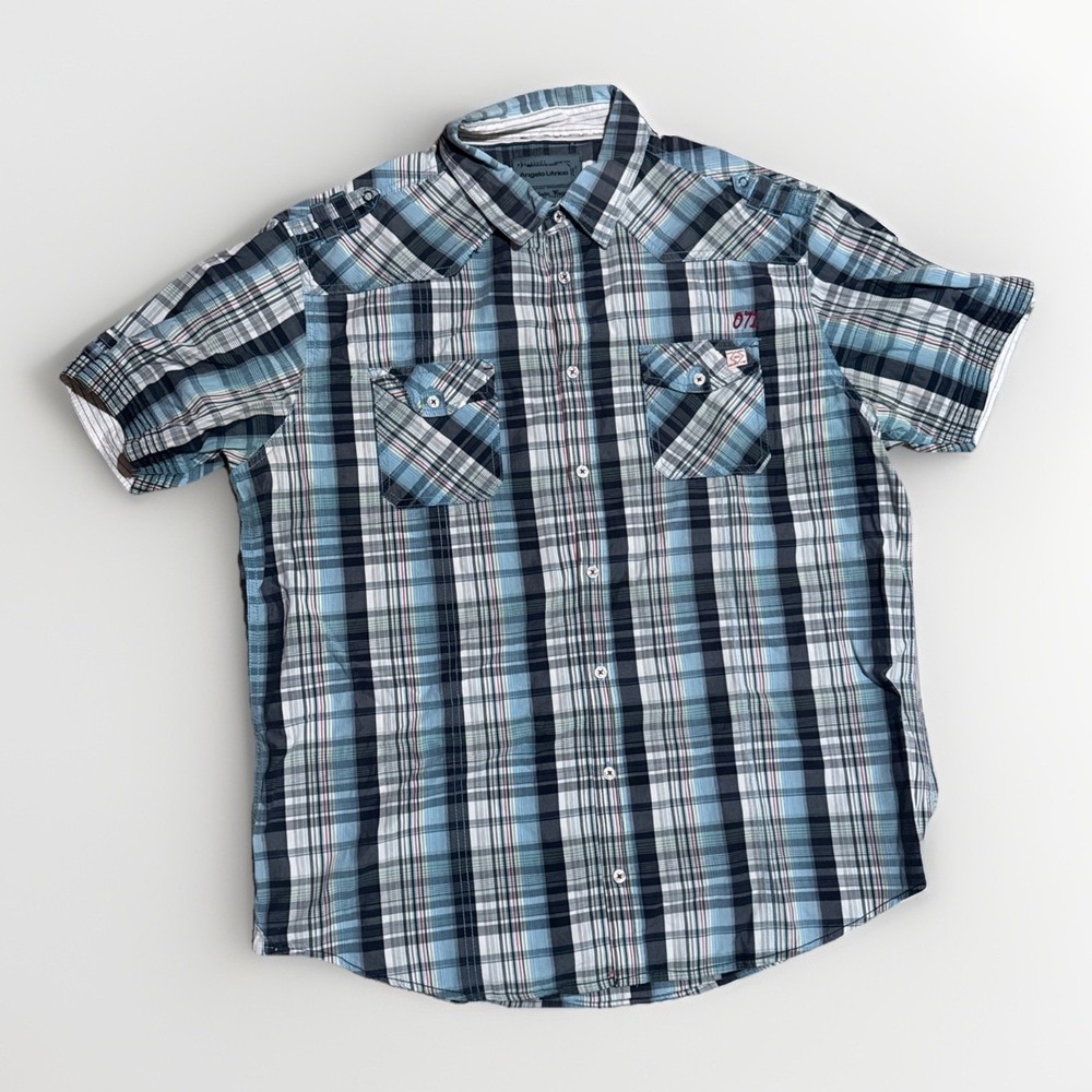 Angelo Litrico Shirt Mens 2XL Blue Plaid Short Sleeve Button Up Cotton Top READ
